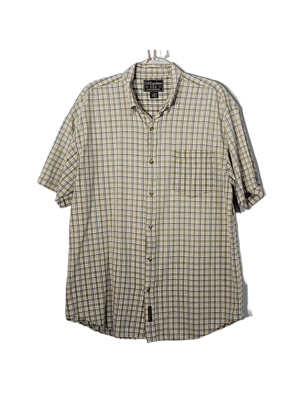 Men's U.S. Expedition Tan/Blue Plaid Button-Down, Short-Sleeved Shirt, Size Lg